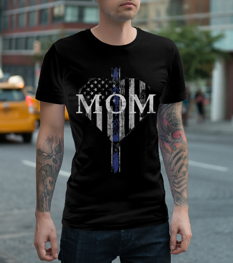 Mom Heart Thin Blue Line American Flag T-Shirt