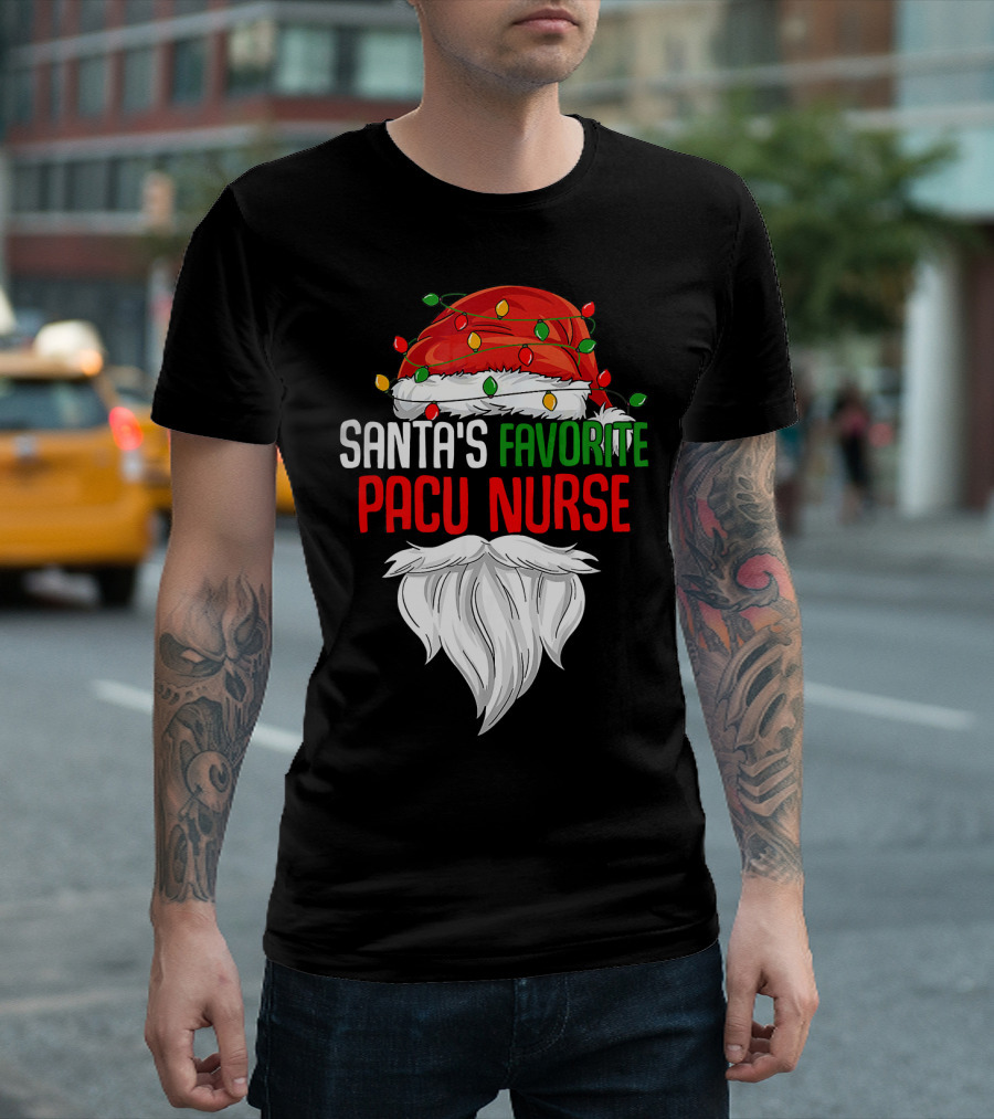 Santa's Favorite PACU Nurse Christmas Paj With Santa Hat And Beard T-Shirt