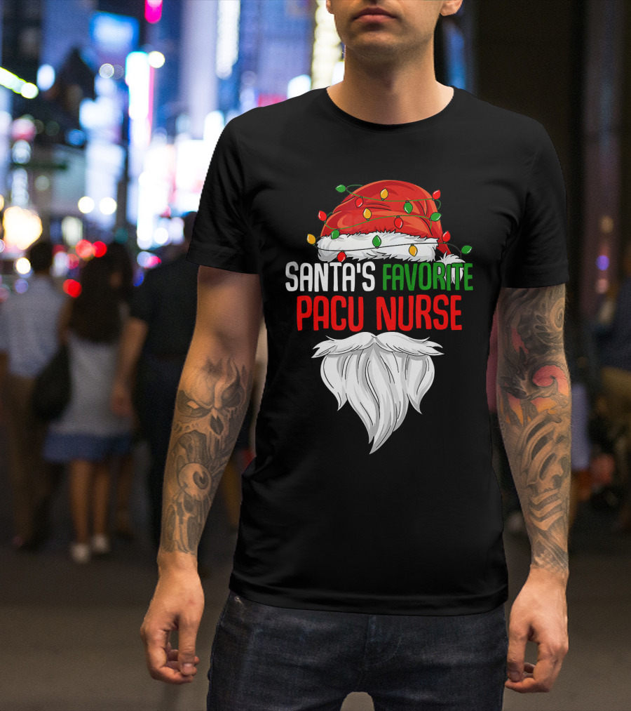 Santa's Favorite PACU Nurse Christmas Paj With Santa Hat And Beard T-Shirt