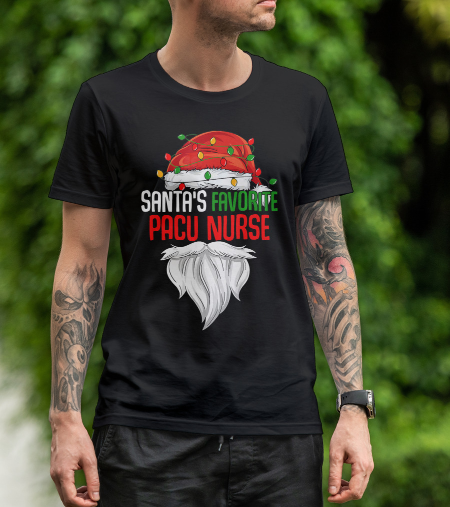Santa's Favorite PACU Nurse Christmas Paj With Santa Hat And Beard T-Shirt