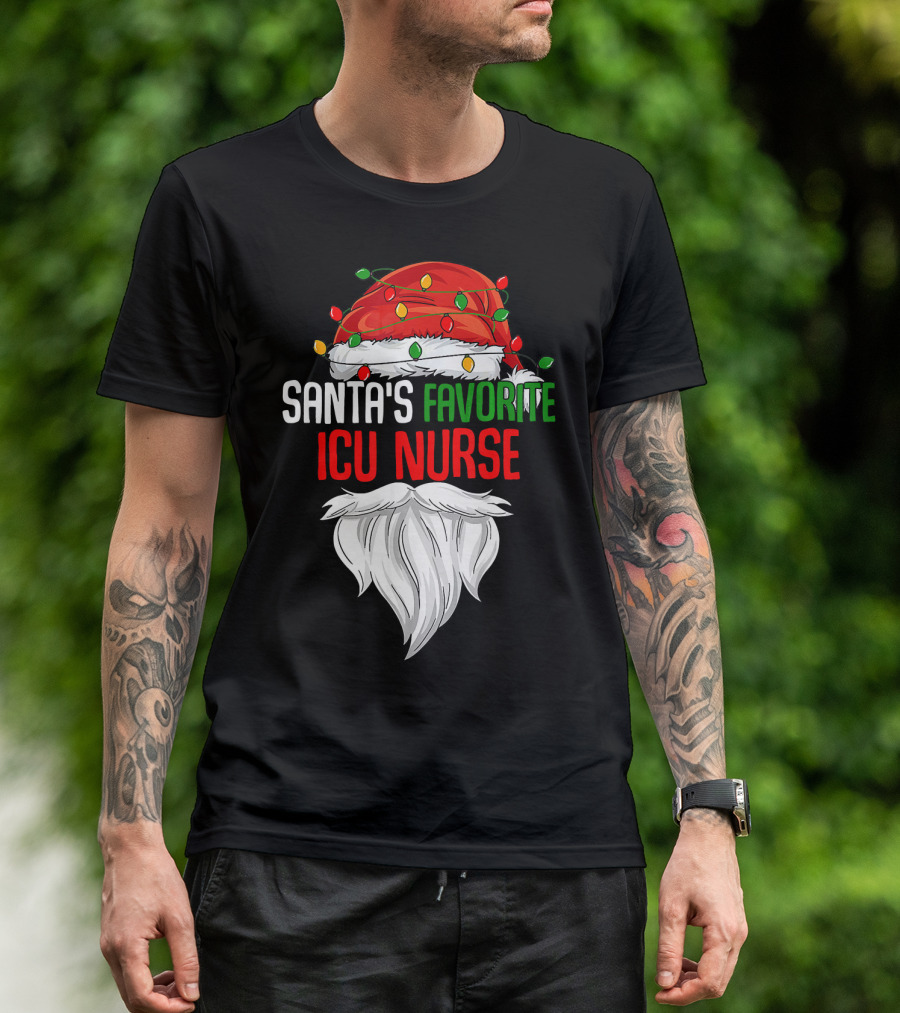 Santas Favorite ICU Nurse Christmas Hat And Beard Festive T-Shirt