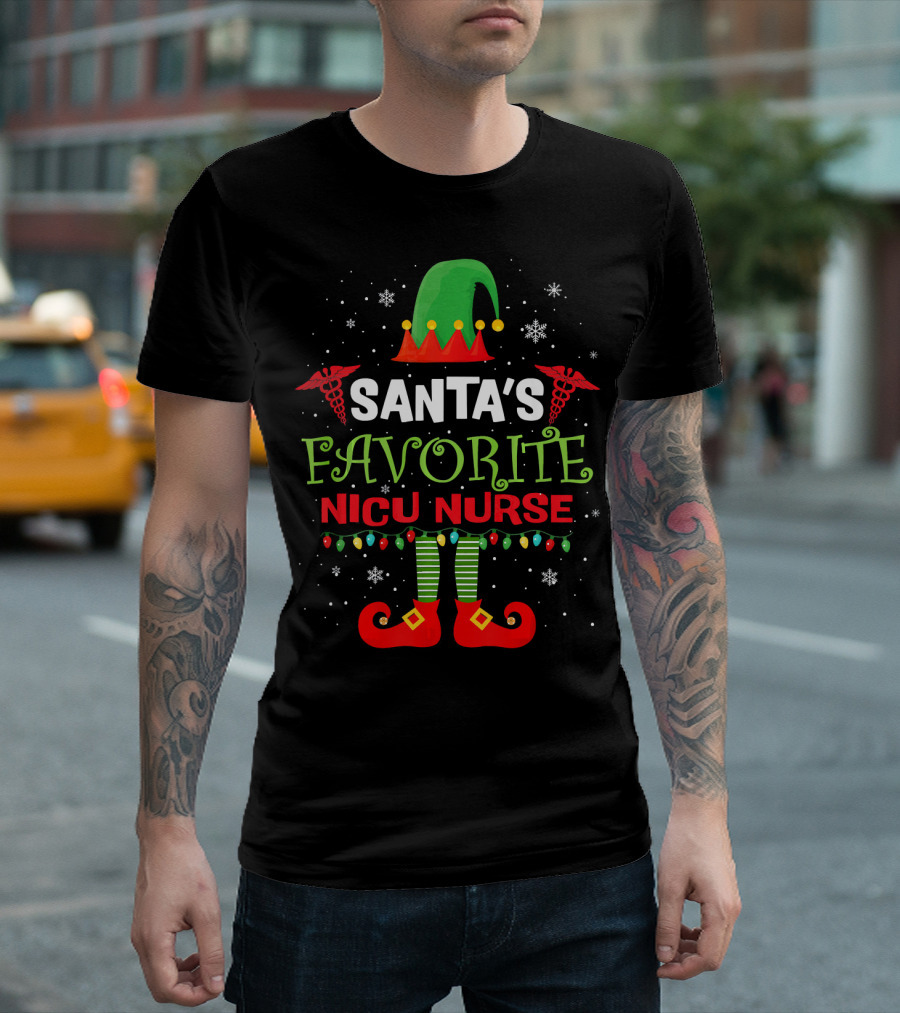 Santa's Favorite NICU Nurse Christmas Elf Hat Lights Snowflakes T-Shirt
