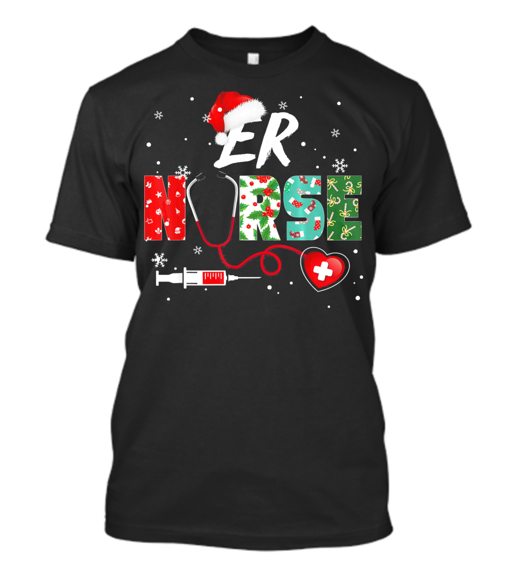ER Nurse Christmas Santa Hat Stethoscope Snowflakes T-Shirt