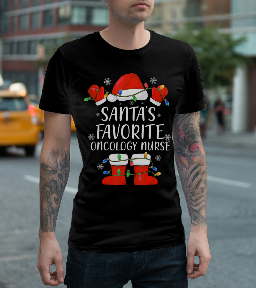 Santa's Favorite Oncology Nurse Holiday Lights Santa Hat And Boots T-Shirt