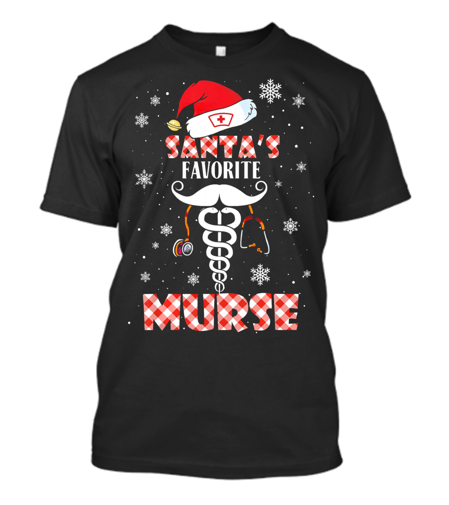 Santa's Favorite Murse Christmas Nurse Santa Hat Snowflakes Stethoscope T-Shirt