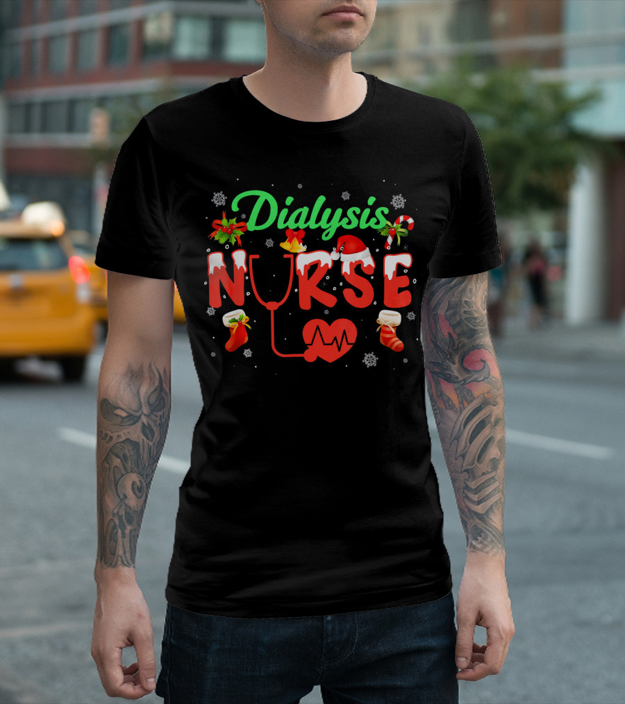 Santa Dialysis Nurse Christmas Holiday Stethoscope Snowflakes T-Shirt