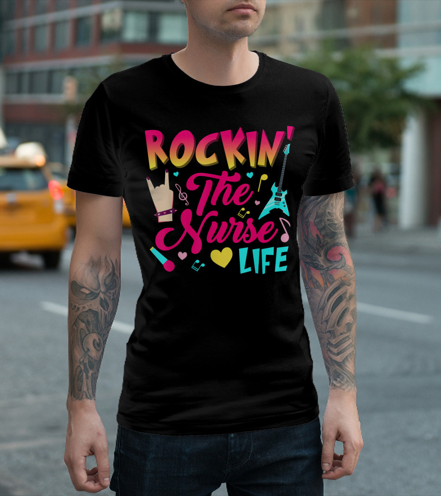 Rockin The Nurse Life with Musical Symbols and Guitar T-Shirt