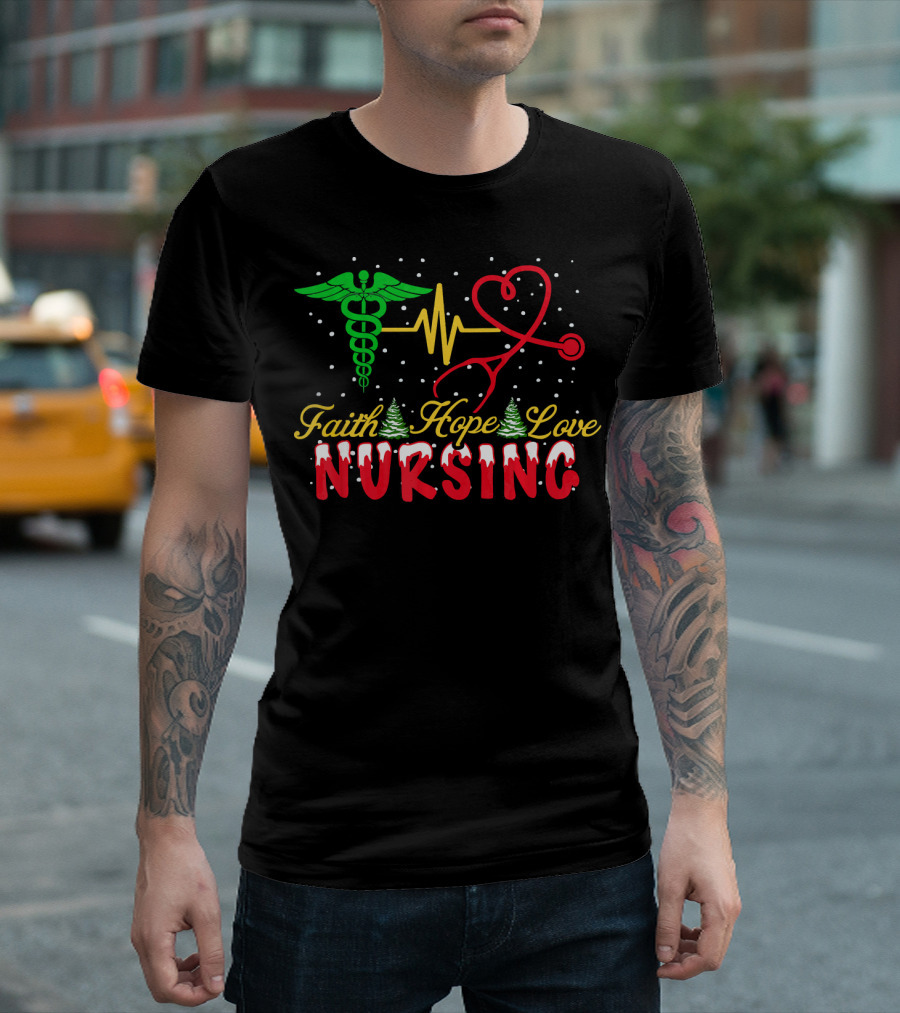 Faith Hope Love Nursing Christmas Caduceus Heartbeat T-Shirt