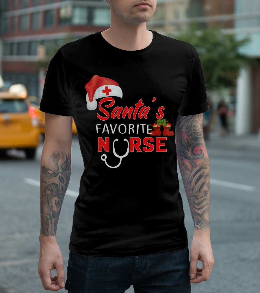 Santa's Favorite Nurse Christmas Hat and Stethoscope T-Shirt