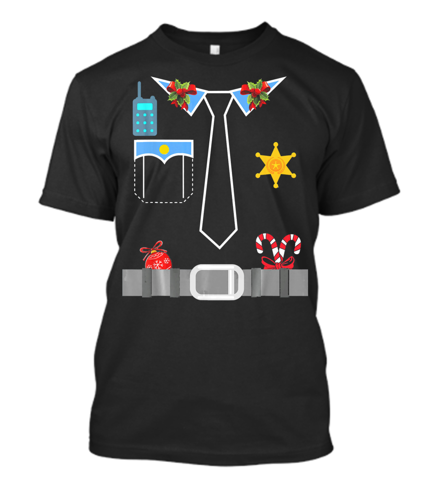 Police Santa Costume Funny Officer Christmas Outfit Badge Candy Cane Belt T-Shirt