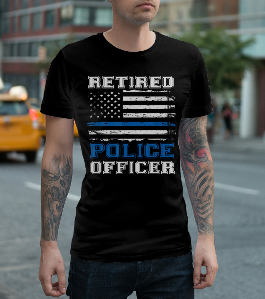 Retired Police Officer American Flag Thin Blue Line T-Shirt