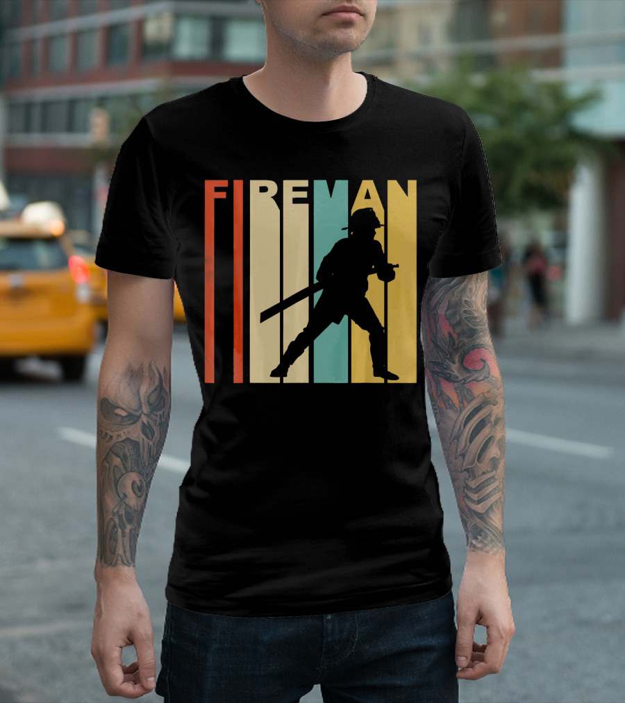FIREMAN Retro 1970s Style Silhouette Vintage Color Stripes T-Shirt