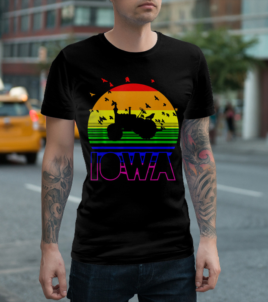 Iowa Rainbow Tractor Farmer with Birds T-Shirt