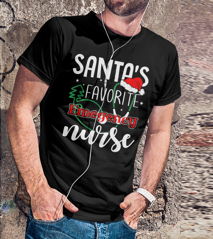 Santa's Favorite Emergency Nurse Stethoscope Christmas Hat T-Shirt