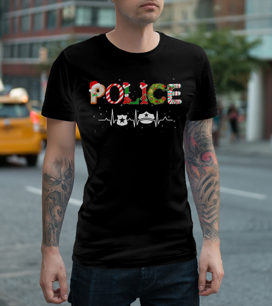 Police Matching Santa Claus Christmas Gingerbread Candy Cane Wreath Badge Hat T-Shirt