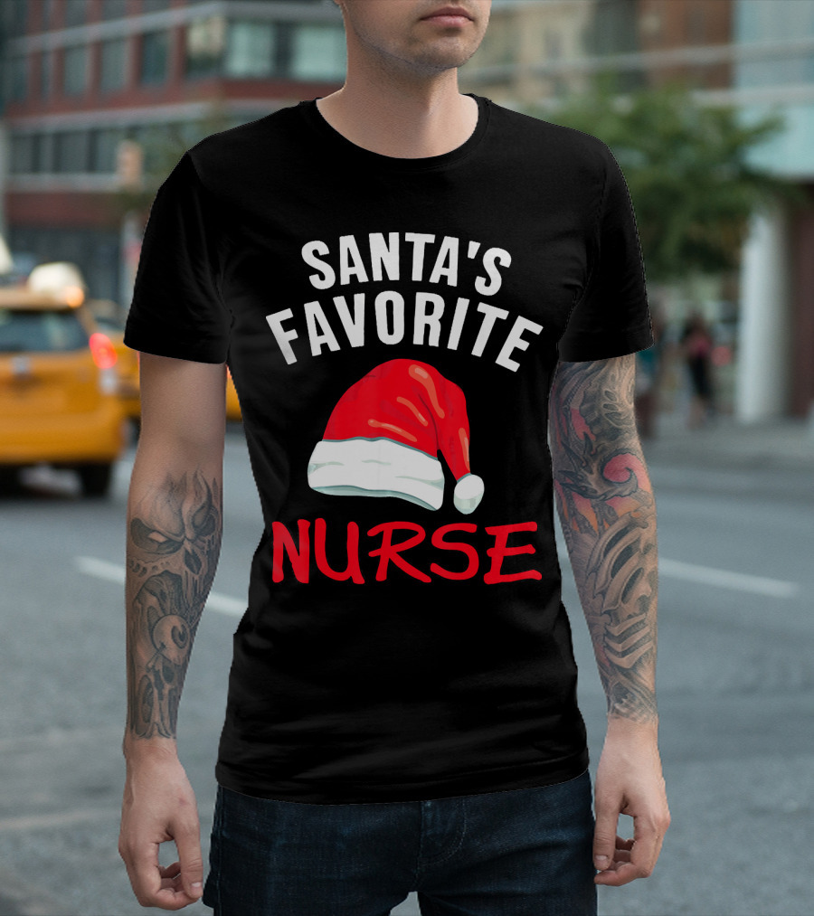 Santa's Favorite Nurse Christmas Hat Holiday T-Shirt
