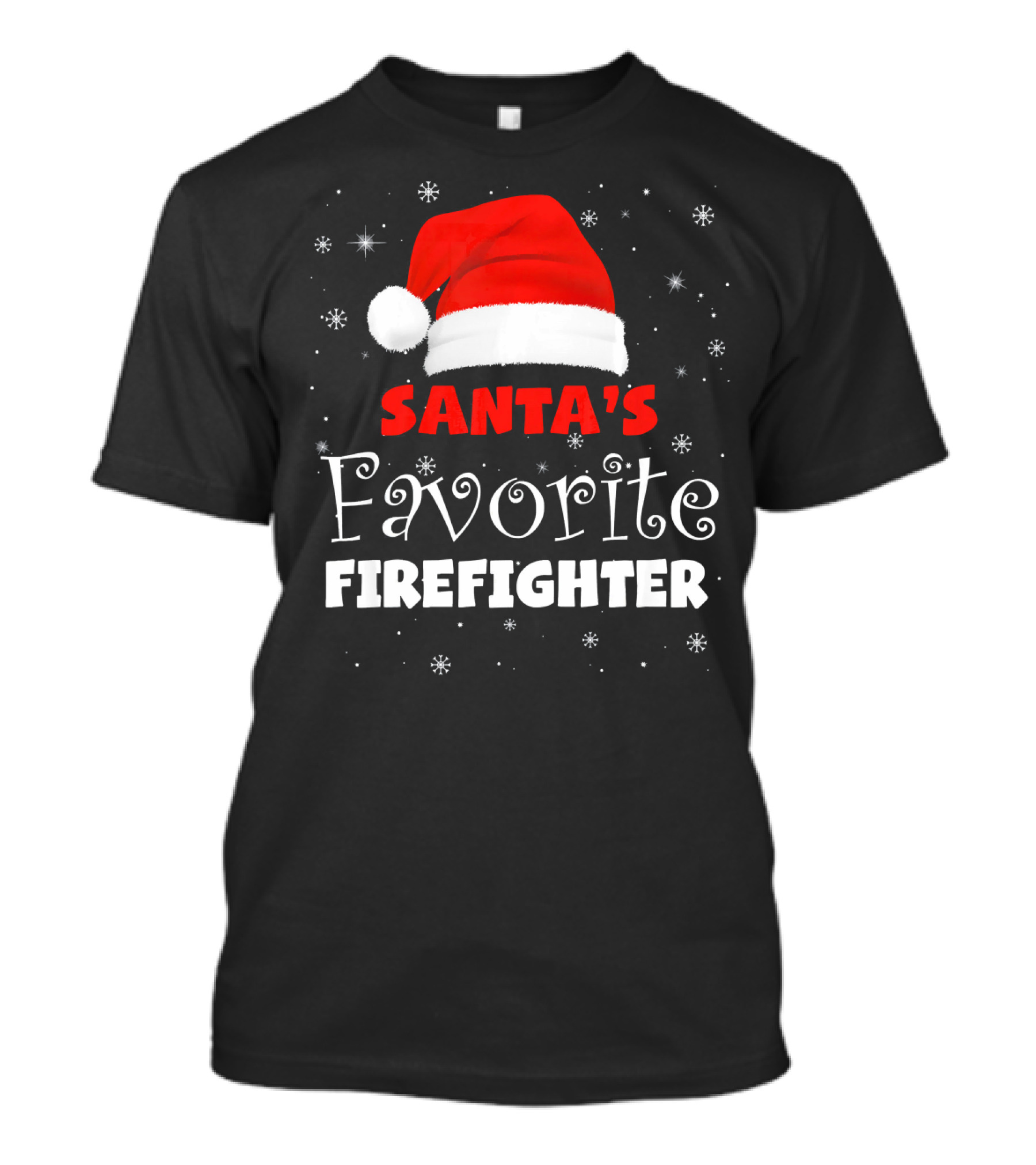 Santa's Favorite Firefighter Santa Hat Christmas Snowflakes T-Shirt