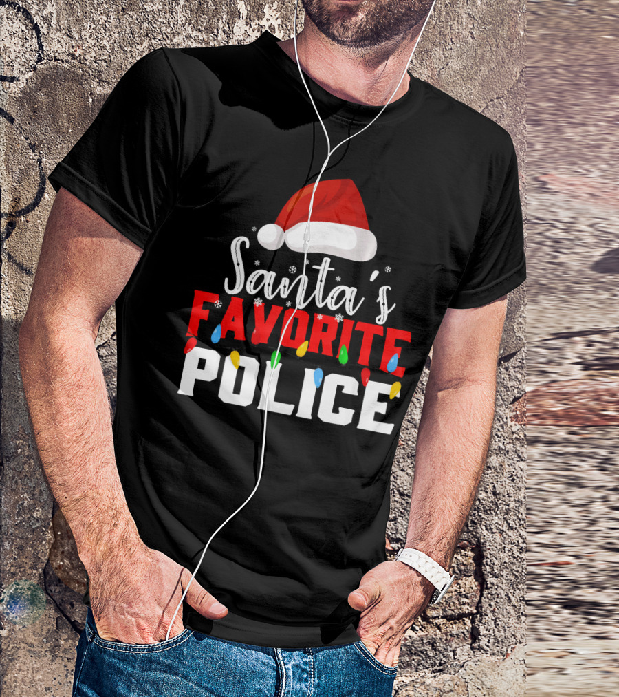 Santa's Favorite Police Christmas Lights Hat Snowflakes T-Shirt