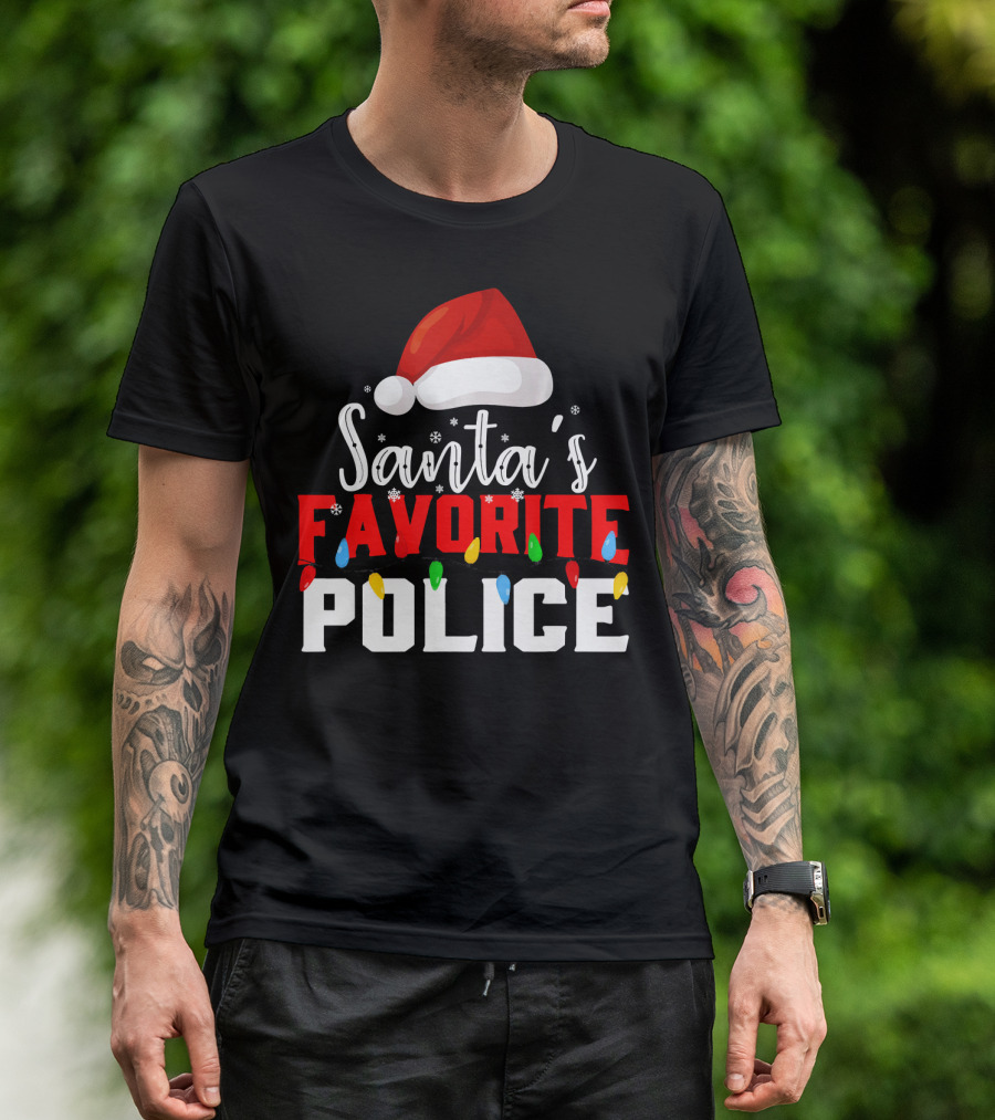Santa's Favorite Police Christmas Lights Hat Snowflakes T-Shirt