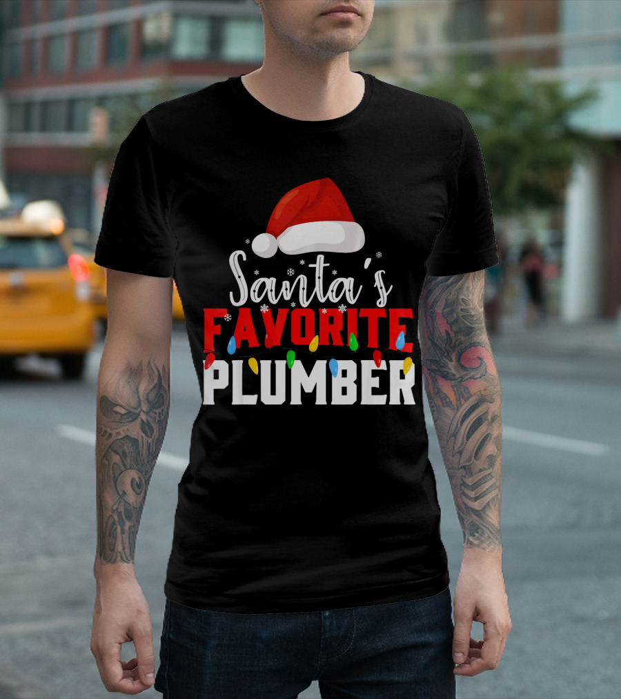 Santa's Favorite Plumber Christmas Lights Hat Snowflakes T-Shirt