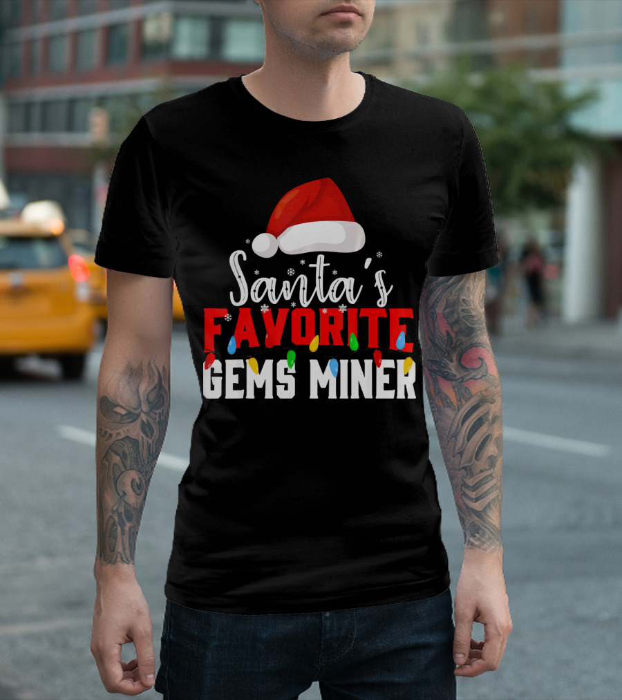 Santa's Favorite Gems Miner Christmas Lights and Santa Hat T-Shirt