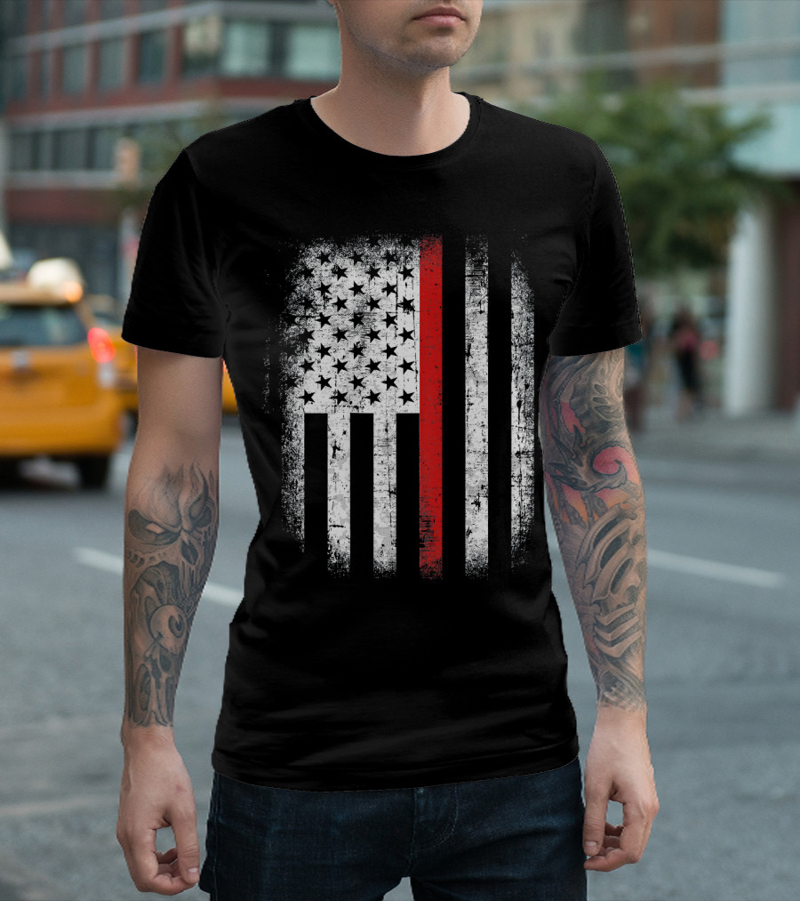 THIN RED LINE AMERICAN FLAG MILITARY FIREFIGHTER SUPPORT T-Shirt