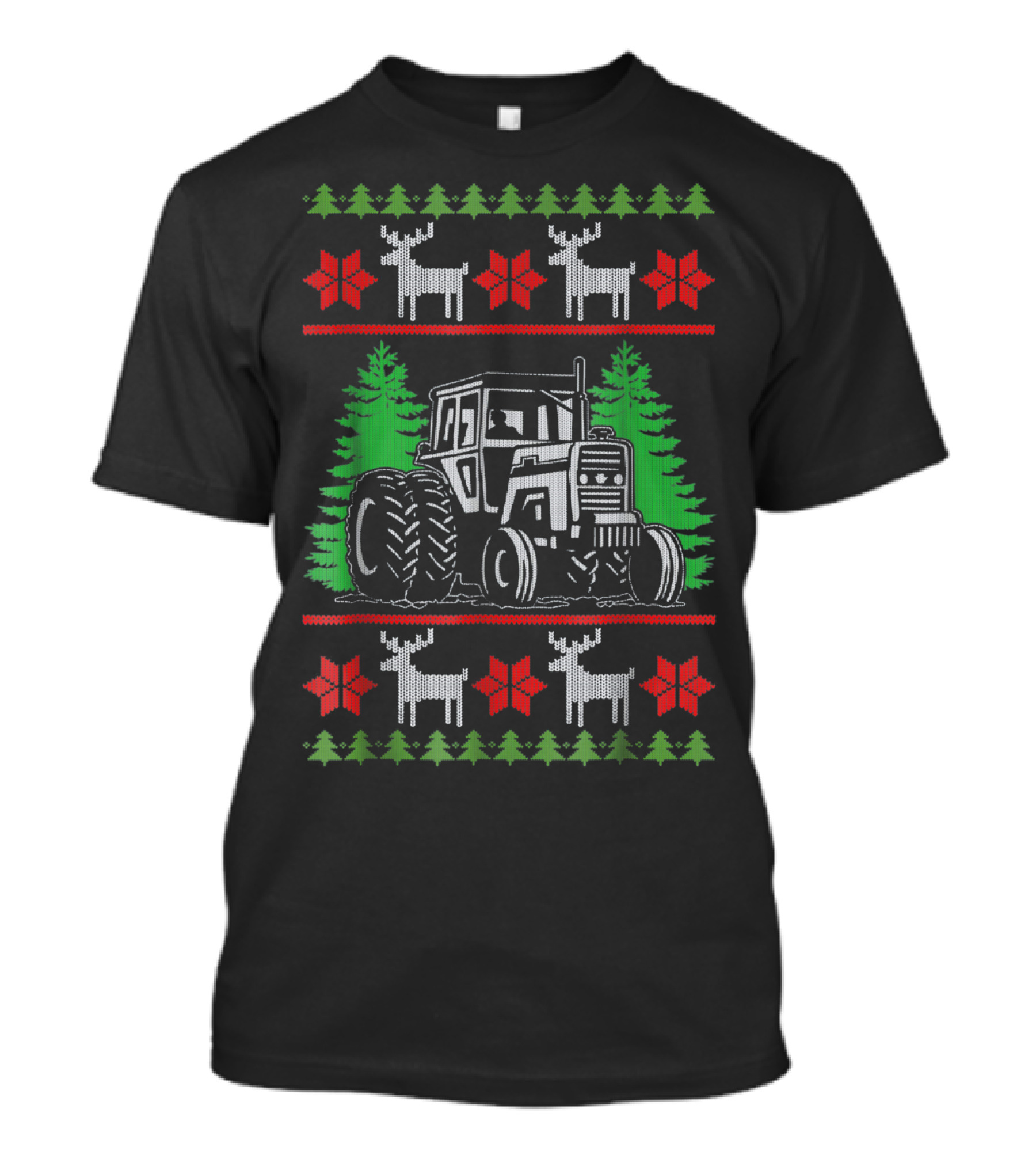 Ugly Christmas Style Farmer Tractor With Reindeer And Pine Trees T-Shirt