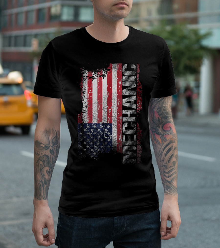 Mechanic USA Flag Distressed Vintage Look T-Shirt
