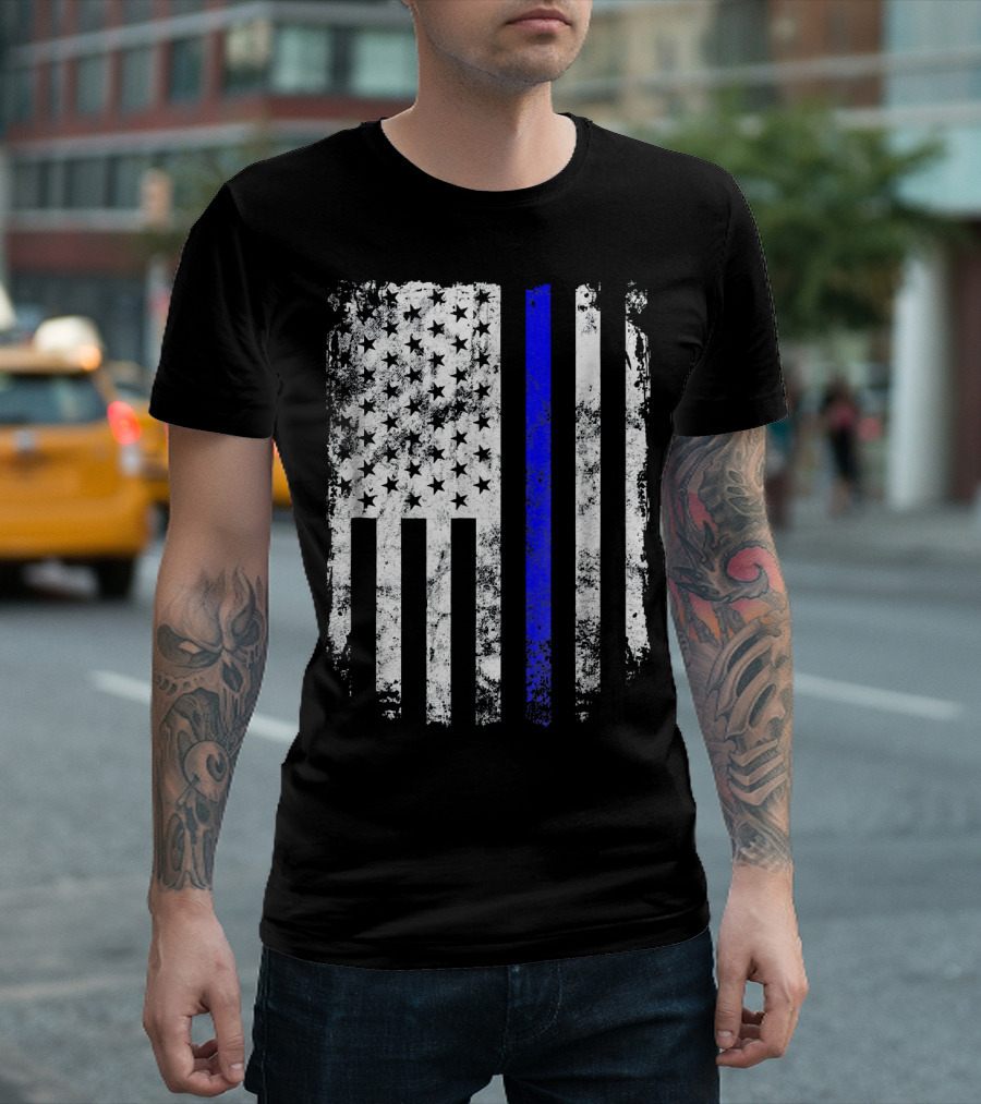 Thin Blue Line Distressed American USA Flag T-Shirt