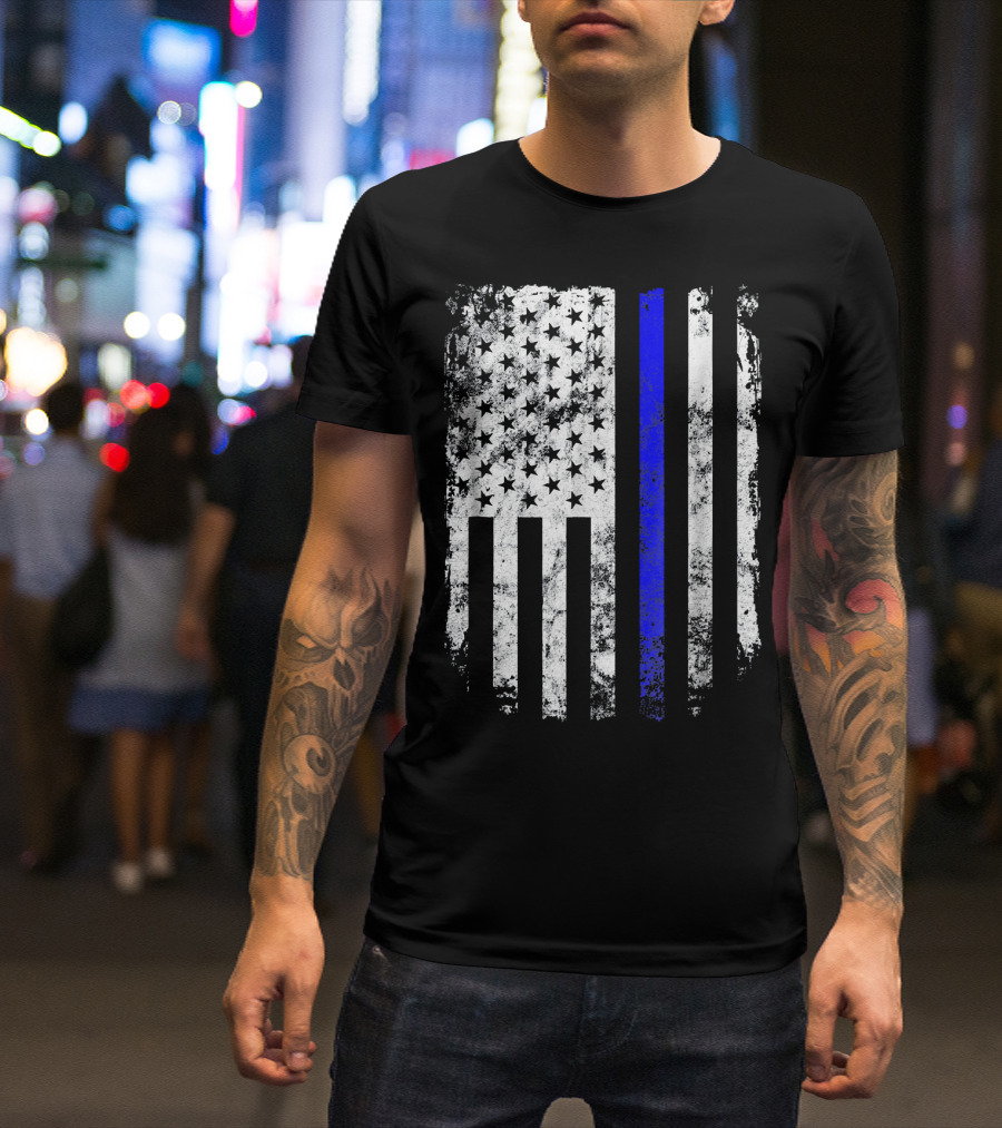 Thin Blue Line Distressed American USA Flag T-Shirt