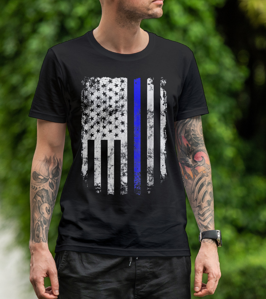 Thin Blue Line Distressed American USA Flag T-Shirt