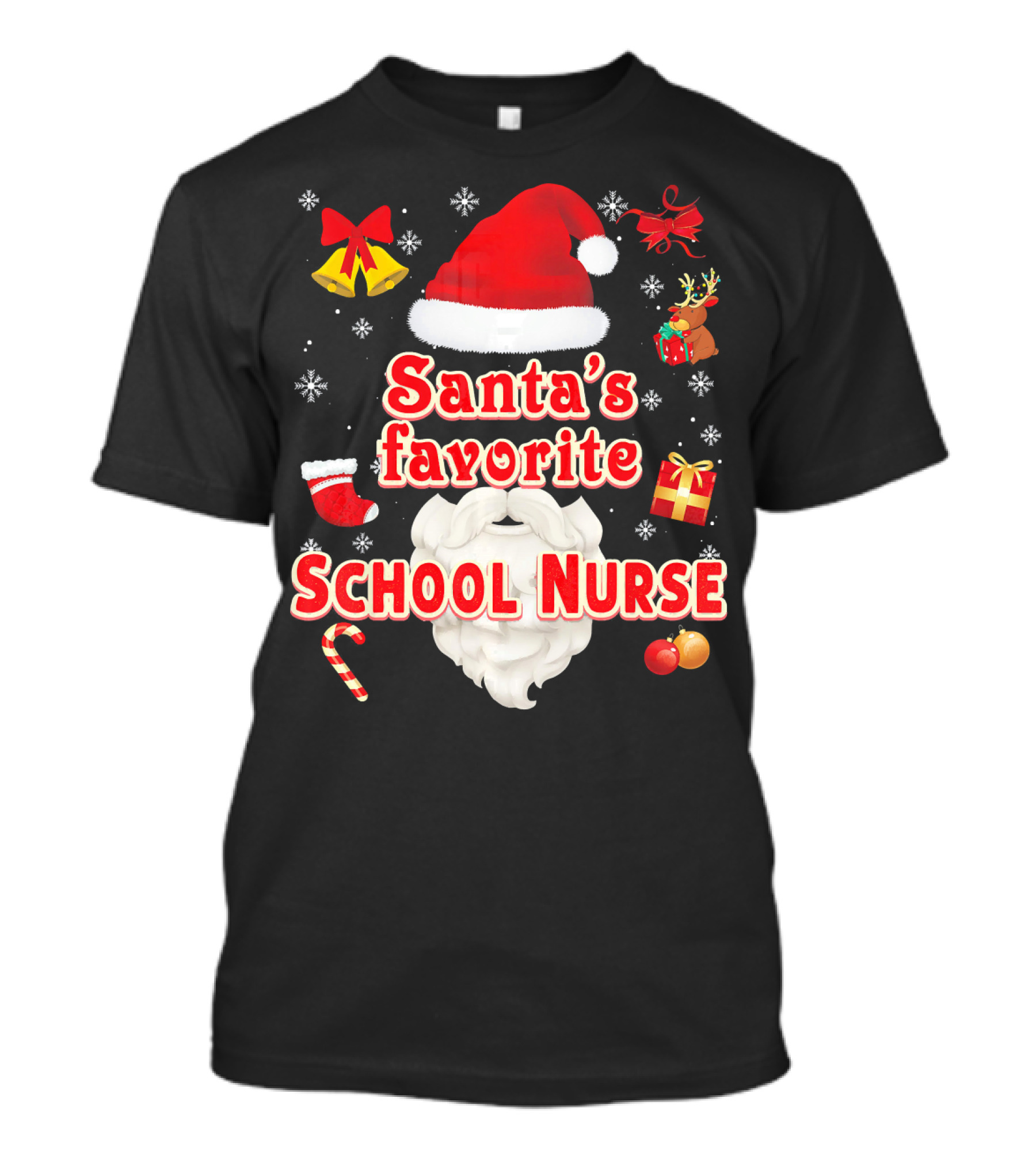Santa's Favorite School Nurse Christmas Hat Present Reindeer Snowflakes T-Shirt