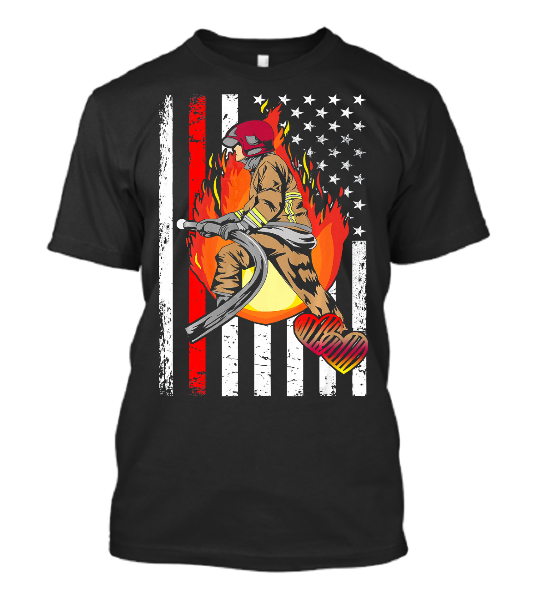 Thin Red Line Firefighter With American Flag And Flames T-Shirt