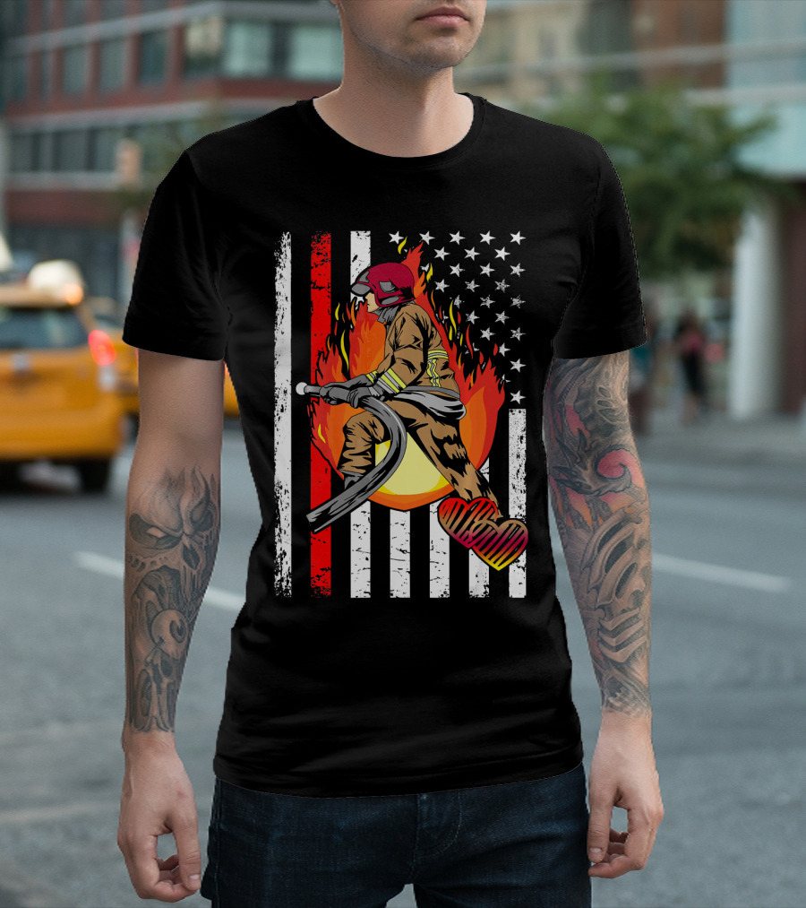 Thin Red Line Firefighter With American Flag And Flames T-Shirt
