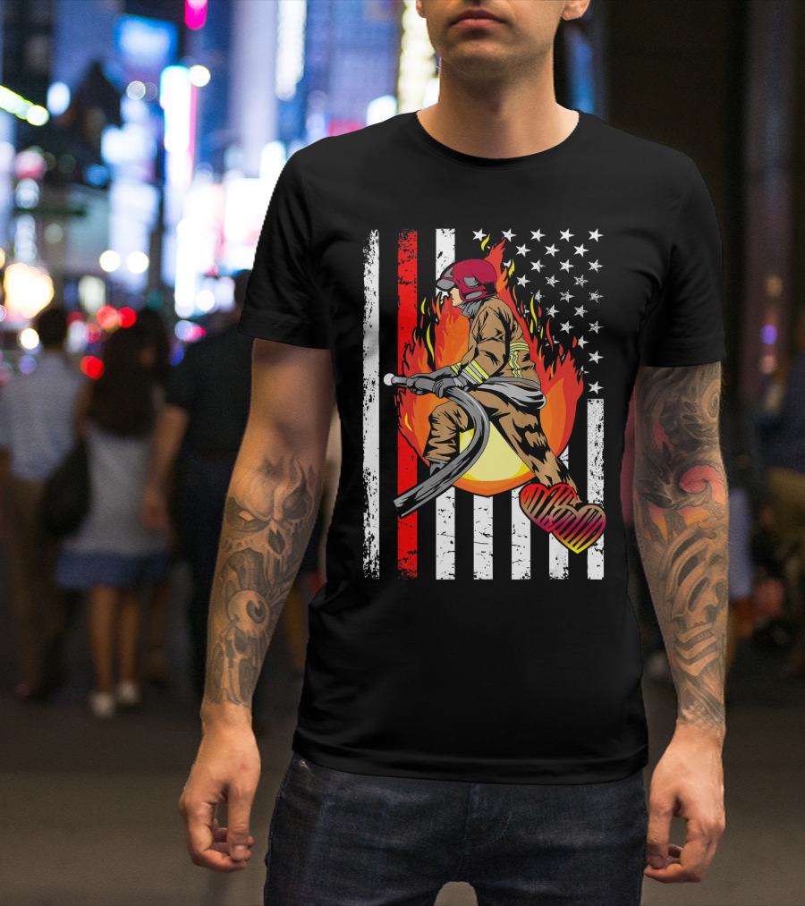 Thin Red Line Firefighter With American Flag And Flames T-Shirt