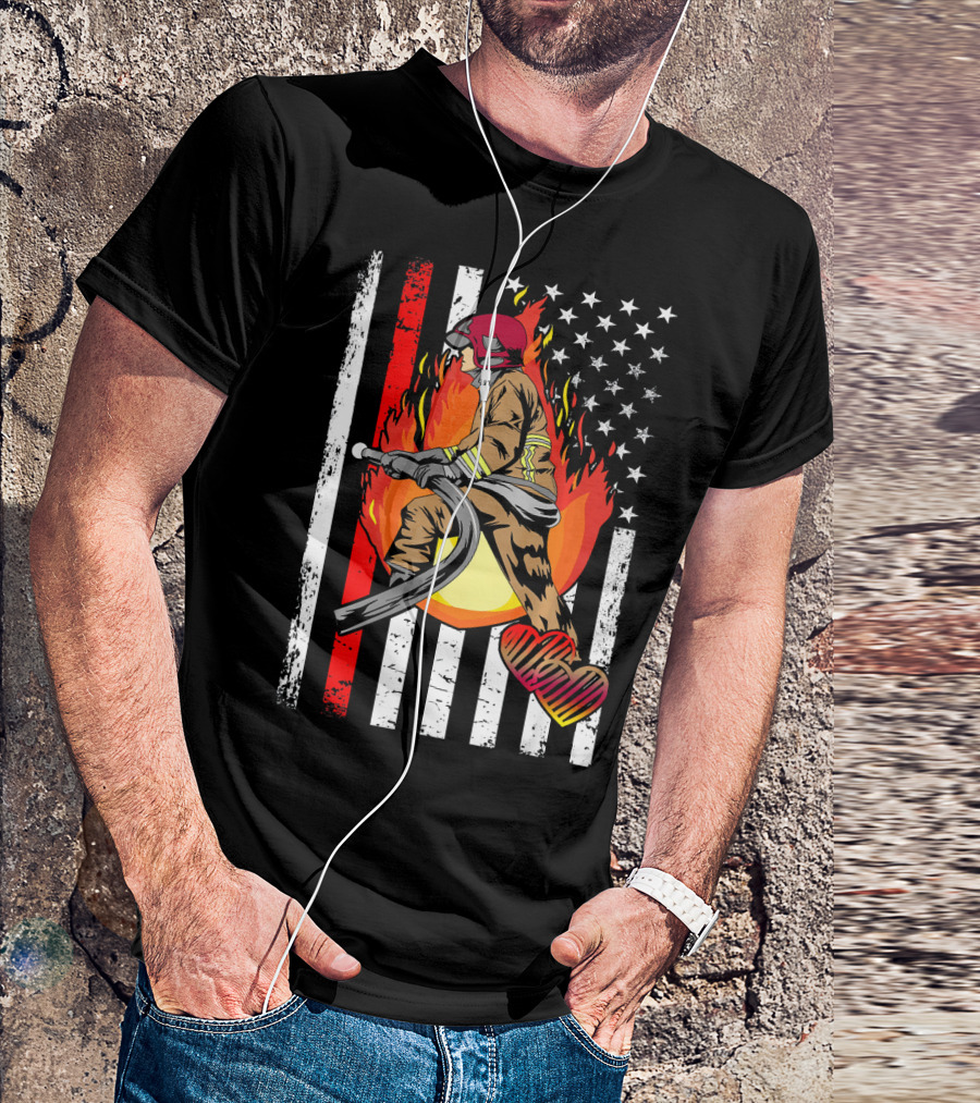 Thin Red Line Firefighter With American Flag And Flames T-Shirt