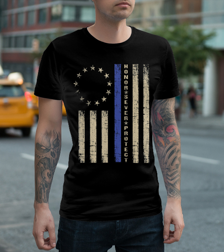 Betsy Ross Flag with Thin Blue Line Honor Serve Protect T-Shirt