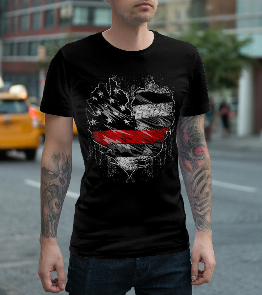 Thin Red Line Fireman American Flag Heart Shape Stars Stripes T-Shirt