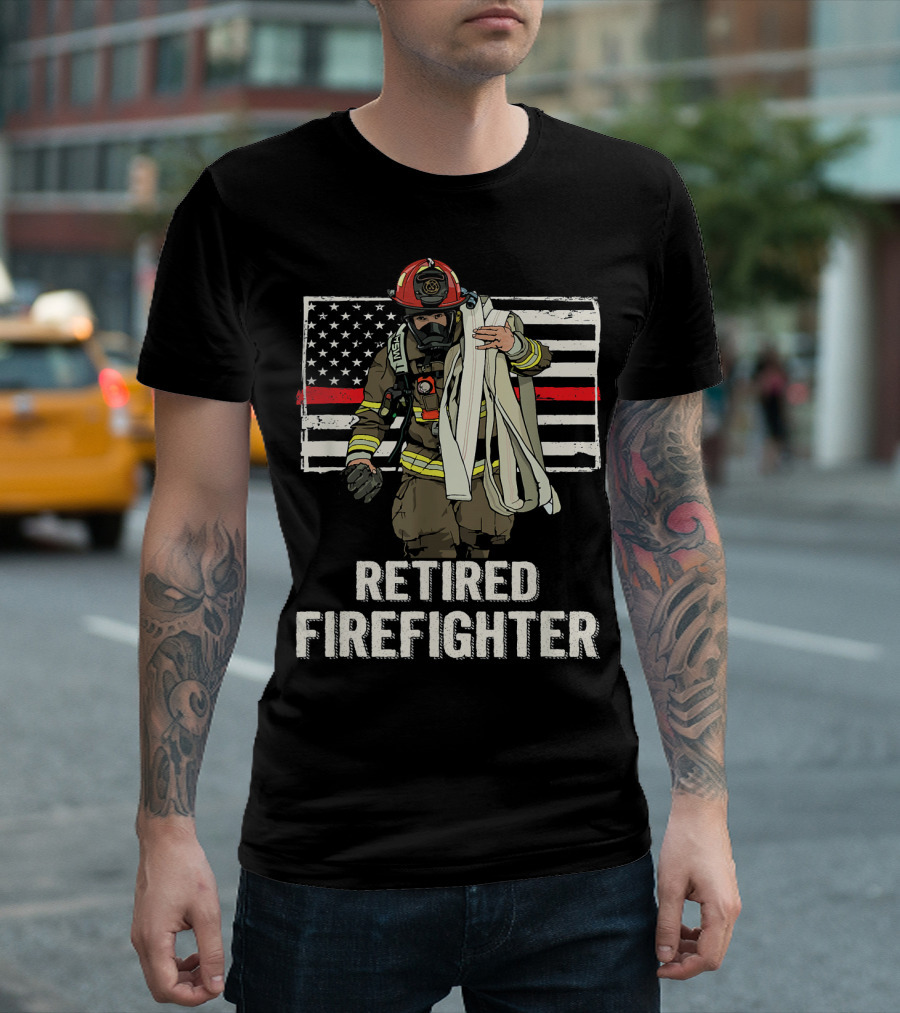 USA Flag Thin Red Line Retired Firefighter Hero Emblem T-Shirt