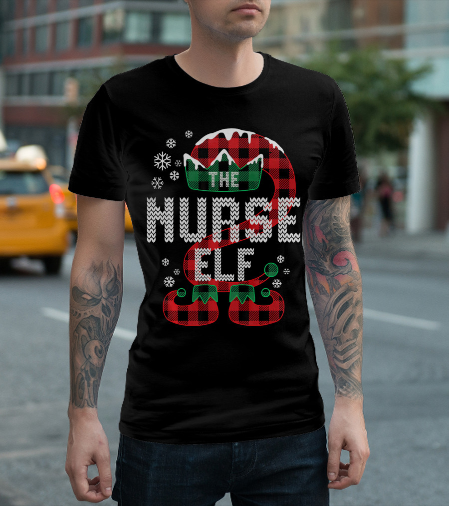 The Nurse Elf Matching Family Buffalo Plaid Christmas Hat And Shoes T-Shirt