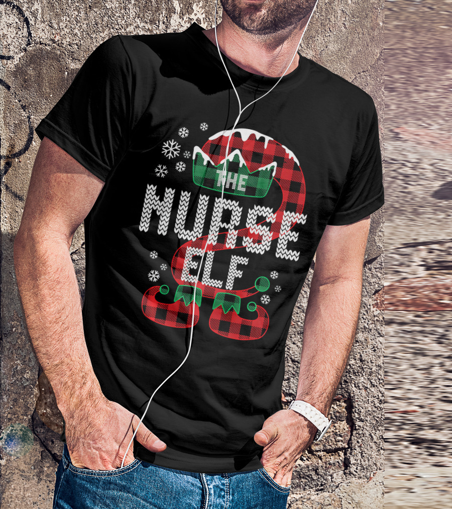 The Nurse Elf Matching Family Buffalo Plaid Christmas Hat And Shoes T-Shirt