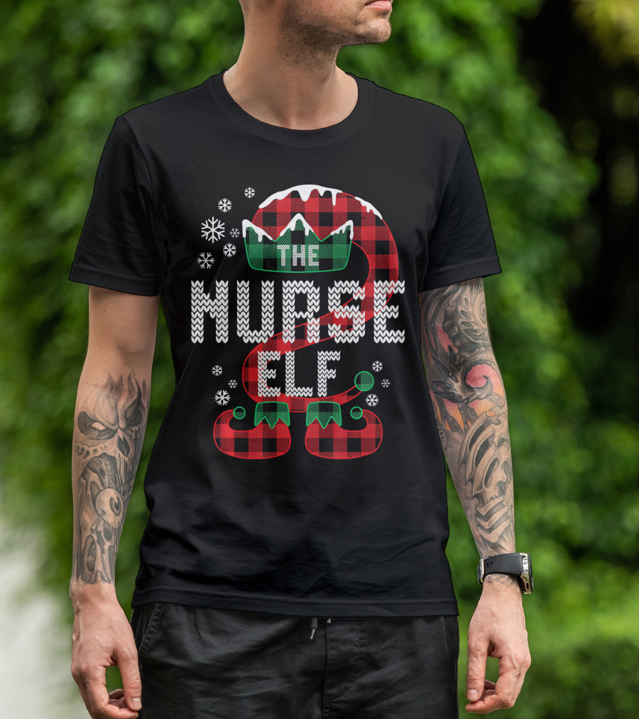 The Nurse Elf Matching Family Buffalo Plaid Christmas Hat And Shoes T-Shirt