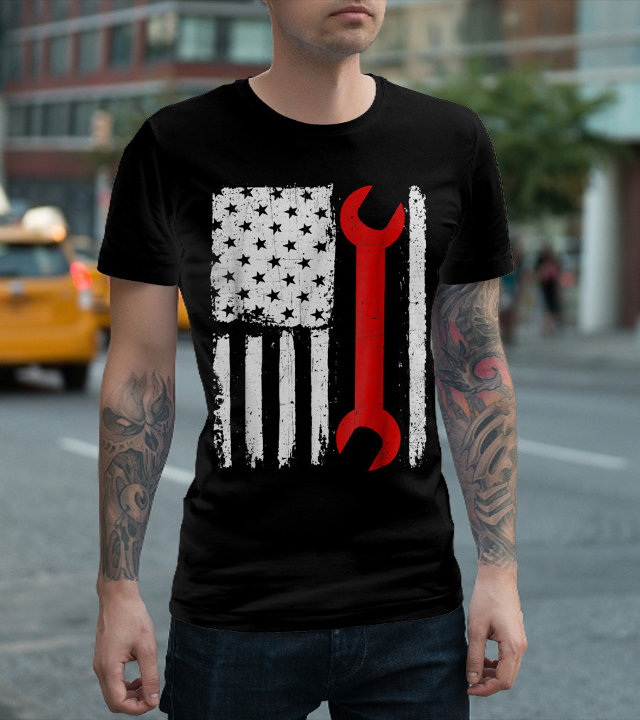 Vintage Distressed American Mechanic Wrench Flag T-Shirt