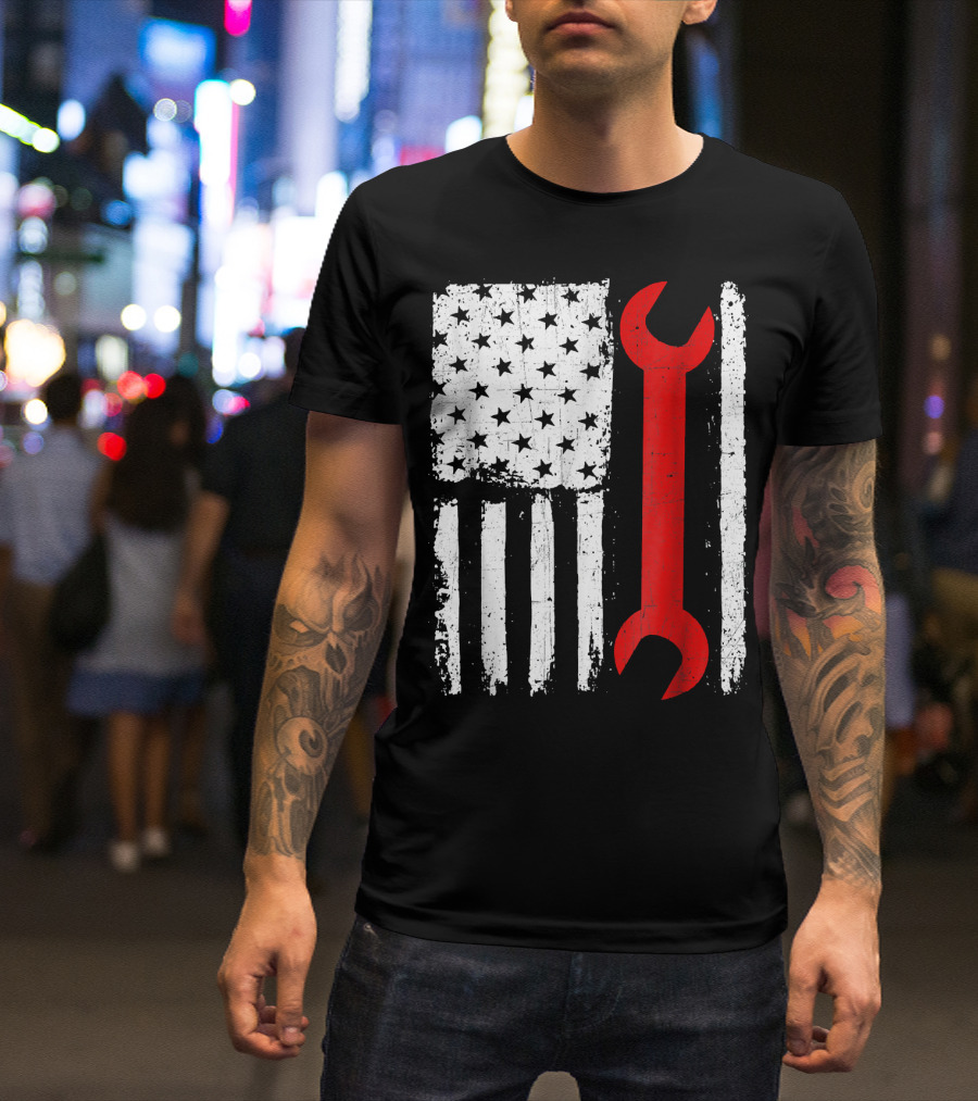 Vintage Distressed American Mechanic Wrench Flag T-Shirt