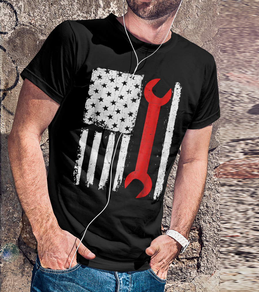 Vintage Distressed American Mechanic Wrench Flag T-Shirt