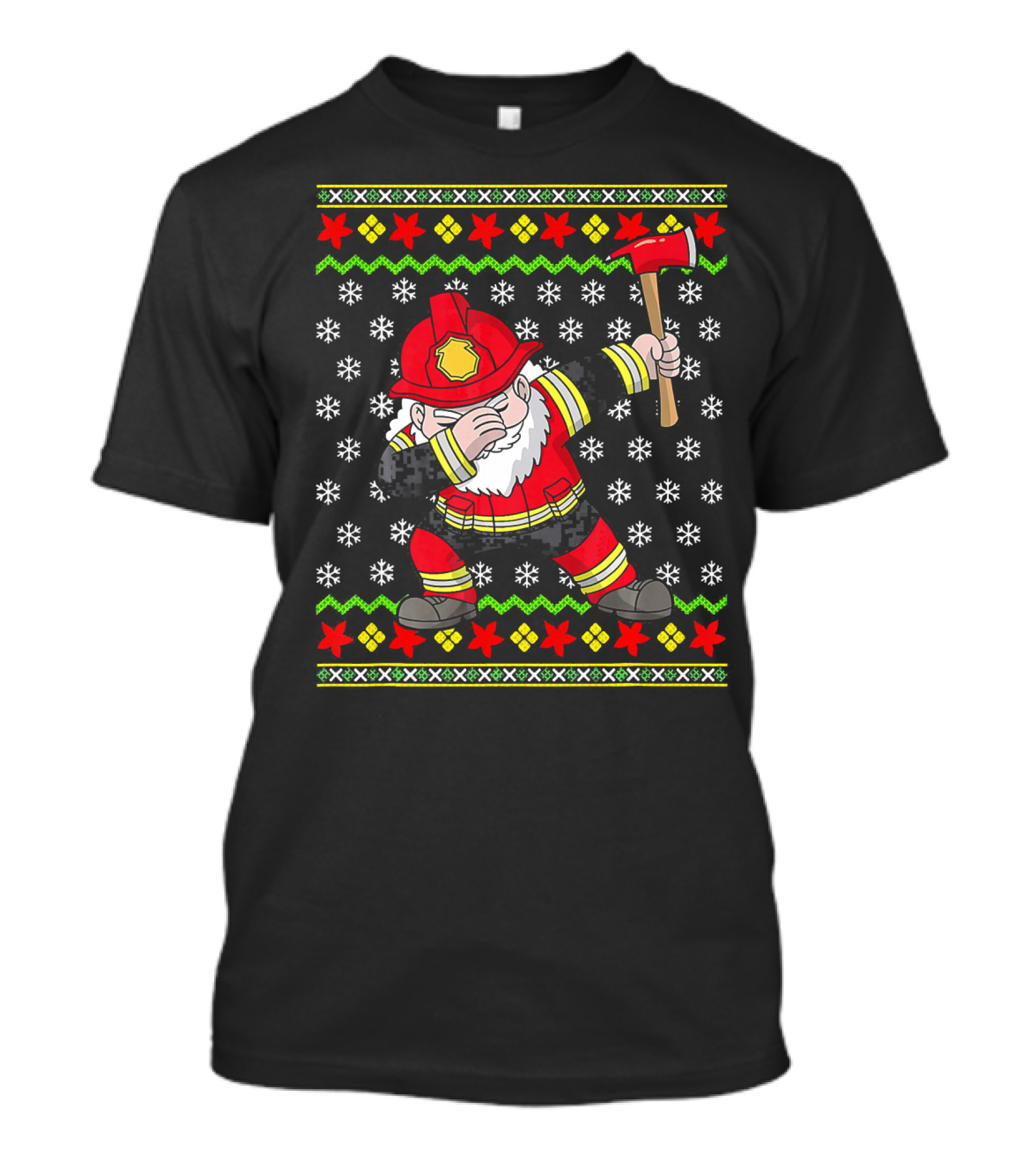Ugly Christmas Santa Fireman Dabbing Firefighter Snowflakes T-Shirt