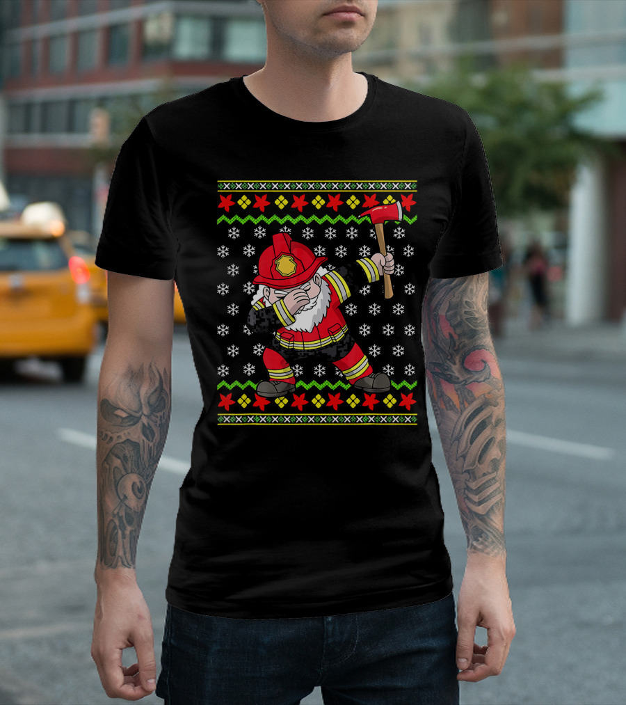 Ugly Christmas Santa Fireman Dabbing Firefighter Snowflakes T-Shirt