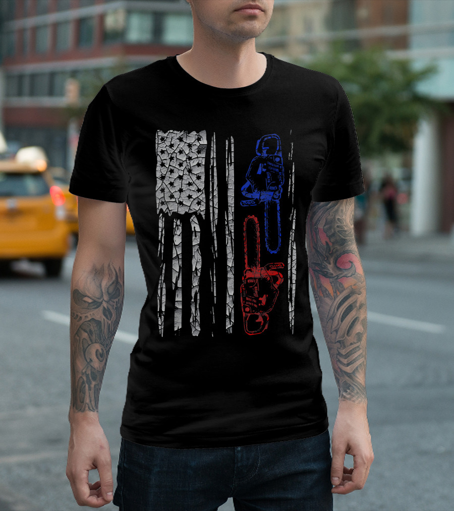 USA Flag Chainsaw Lumberjack Logger T-Shirt