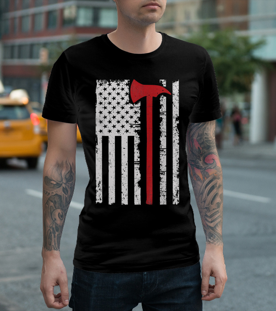 Thin Red Line American Flag Firefighter Axe T-Shirt