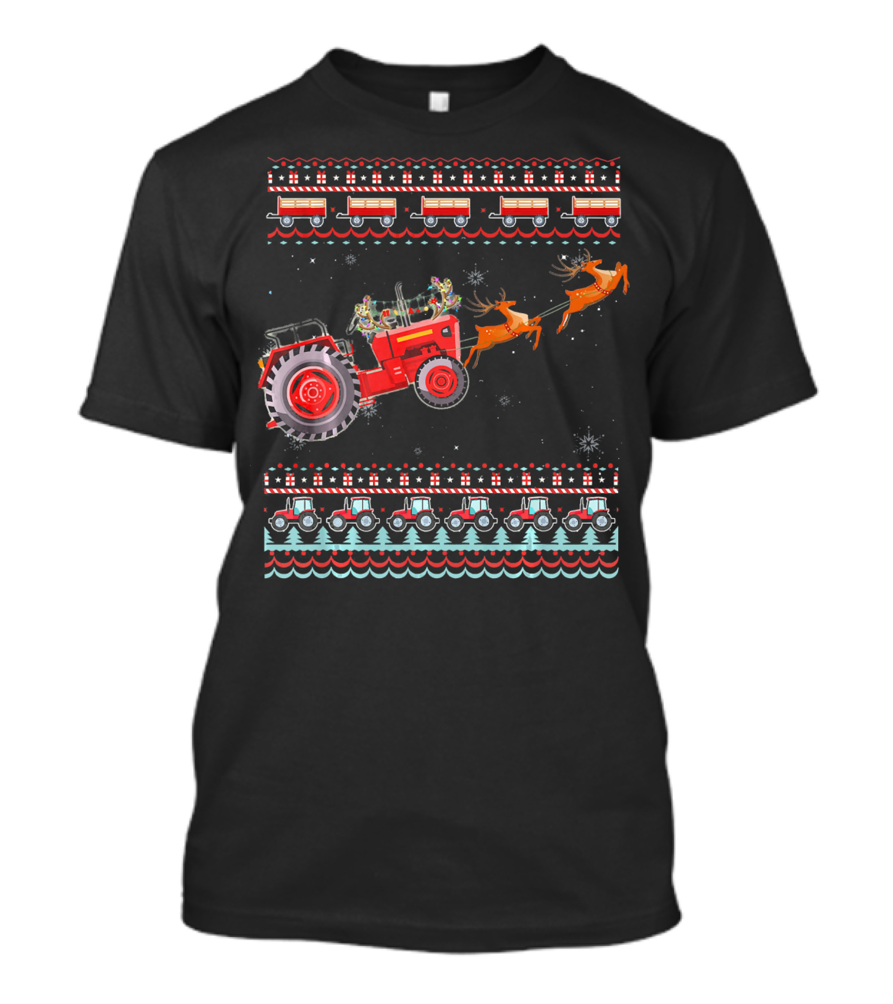 Ugly Christmas Tractor Sleigh With Reindeer And Snowflakes T-Shirt
